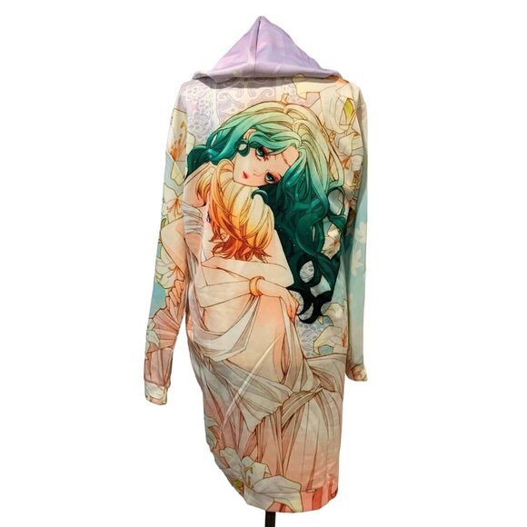 Anime-Inspired Hooded Longline Jacket Zipper Front Floral Art Allover Print 2LX - Picture 2 of 16